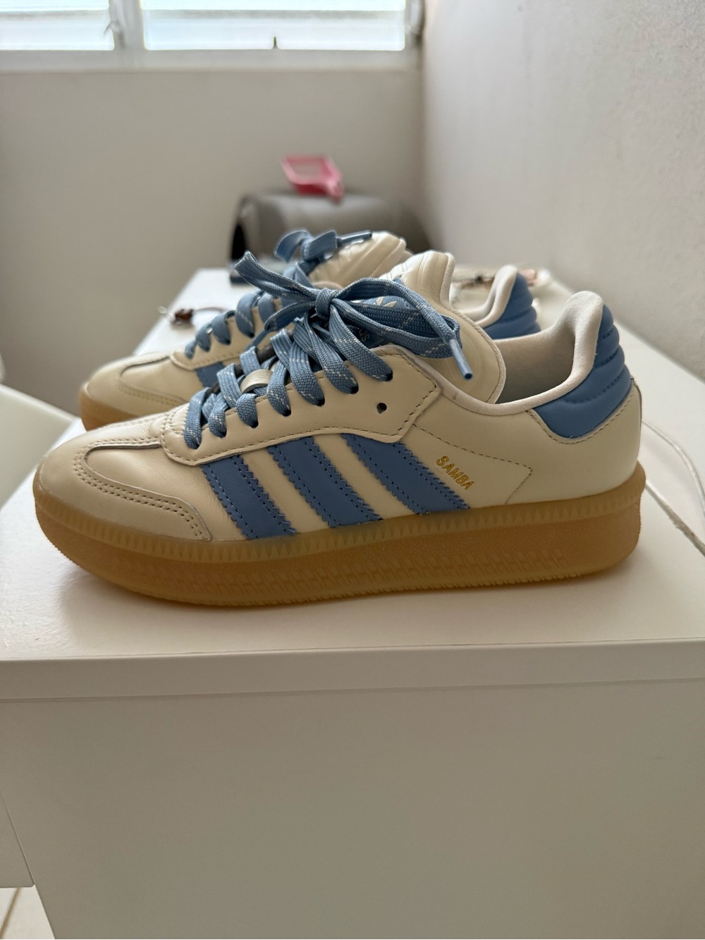 adidas Samba Platform Sneakers in Cream & Light Blue with Gum Sole
